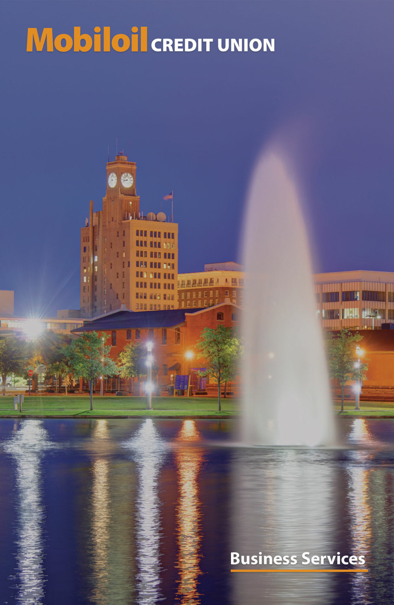 Business Services Front Cover - Image of Downtown beaumont water fountation with clock tower in background