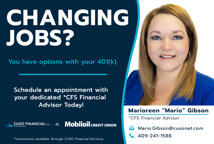 Changing jobs? You have options with your 401k. Schedule an appointment with our Financial Advisor tody.