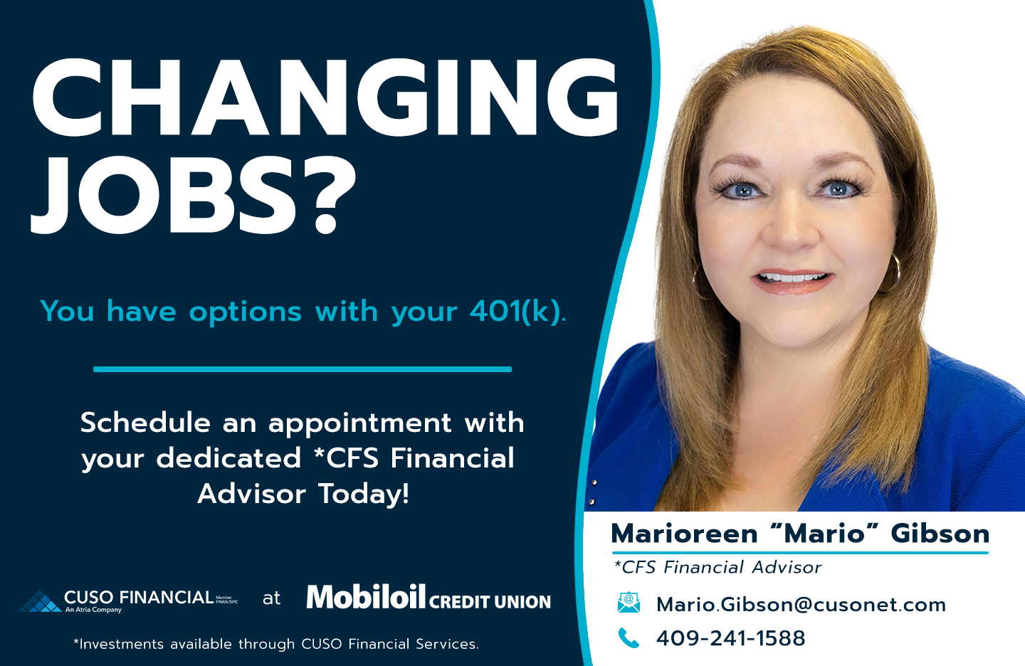 Changing jobs? You have options with your 401k. Schedule an appointment with our Financial Advisor tody.