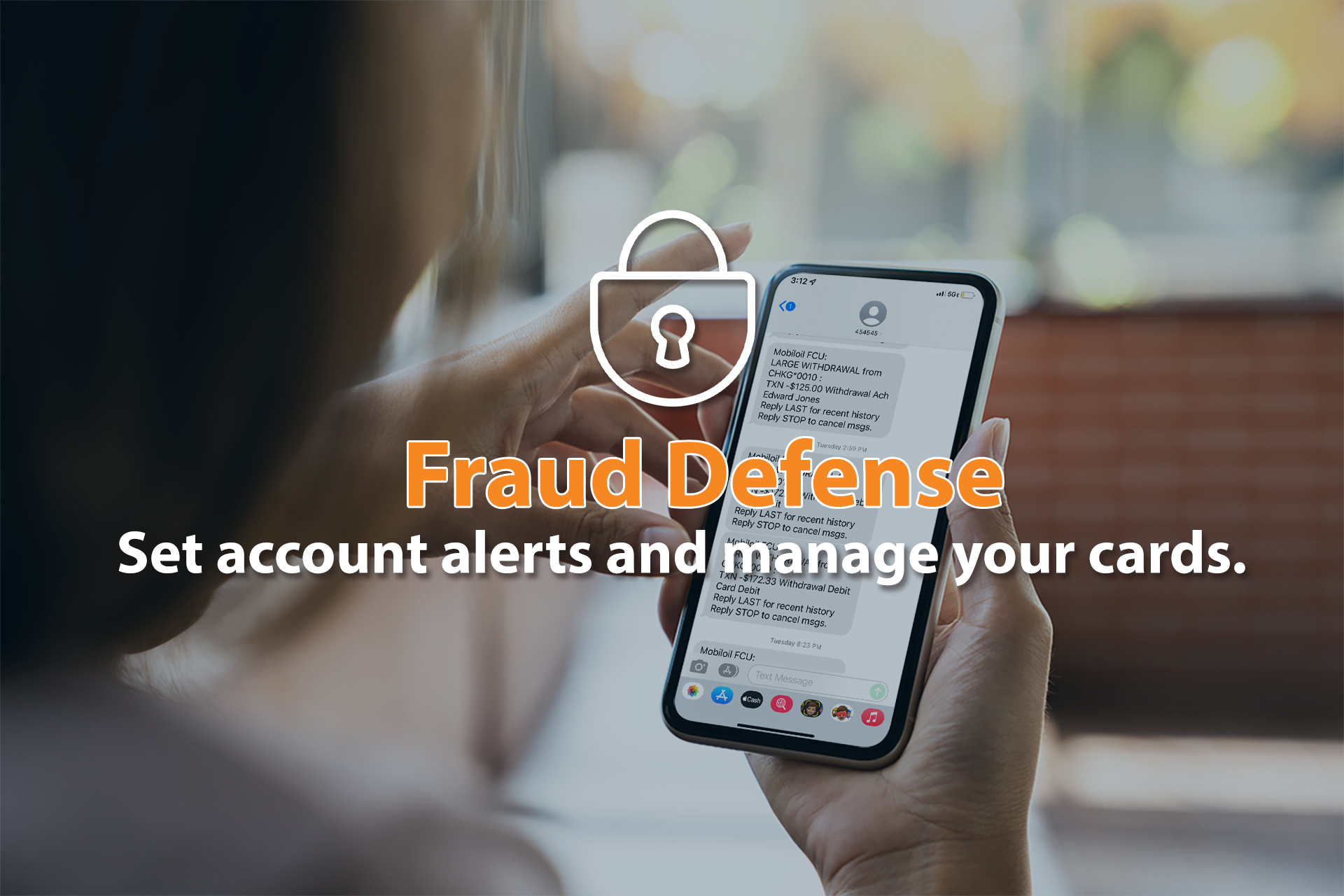 Girl receiving fraud text alert Girl receiving fraud text alert
